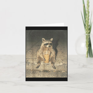 Funny racoon drinking iced coffee unhinged meme card