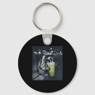 Funny racoon drinking iced matcha latte animal key ring