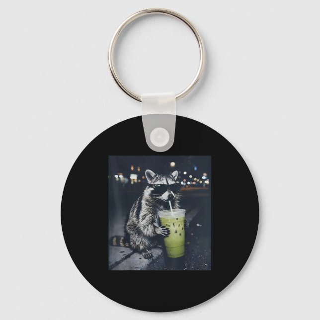 Funny racoon drinking iced matcha latte animal key ring (Front)