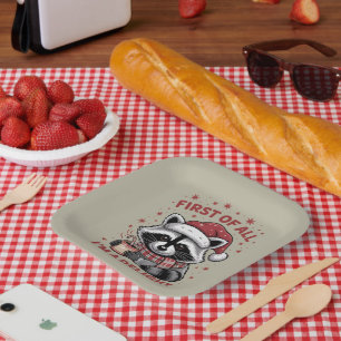 Funny Racoon First Of All I'm A Delight Christmas Paper Plate