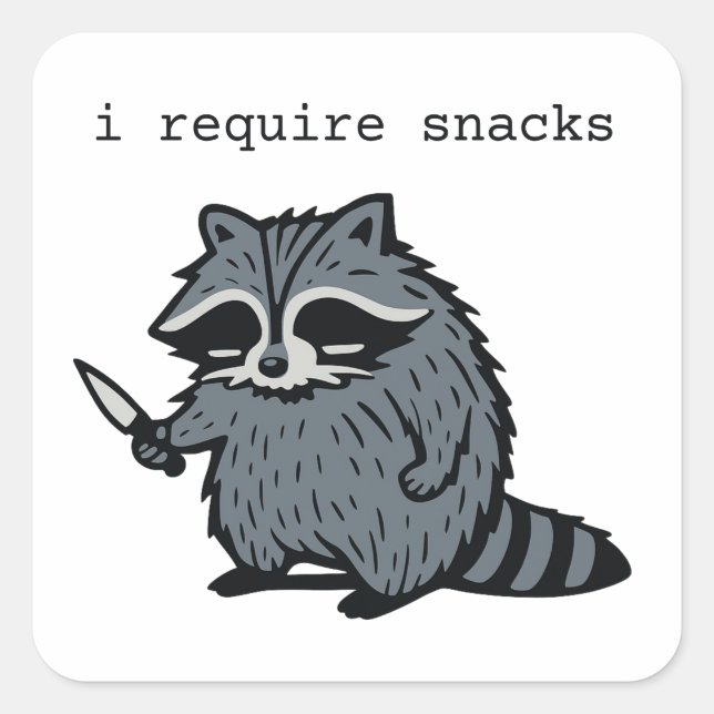 Funny Racoon “I Require Snacks” Cartoon Design Square Sticker (Front)