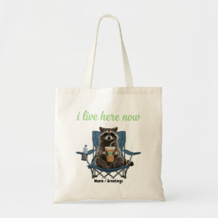 Funny Racoon Iced Coffee I Live Here Now Tote Bag