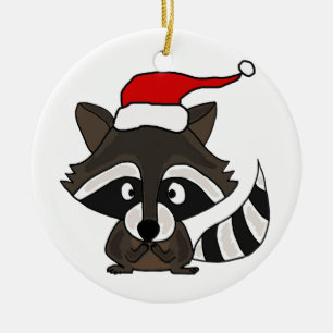 Funny Racoon in Santa Hat Christmas Art Ceramic Tree Decoration