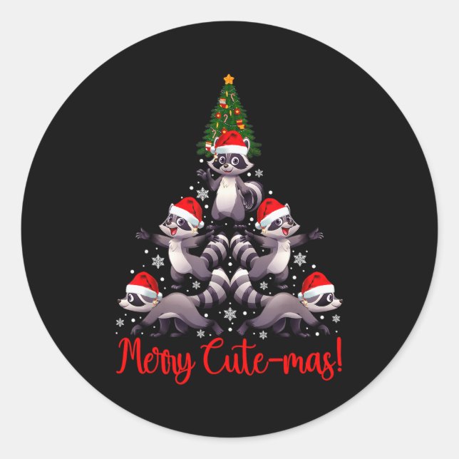 Funny Racoon Merry Cute-mas Racoon Family Christma Classic Round Sticker (Front)
