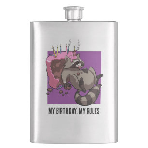 Funny Racoon My Birthday My Rules Cake Cartoon Hip Flask
