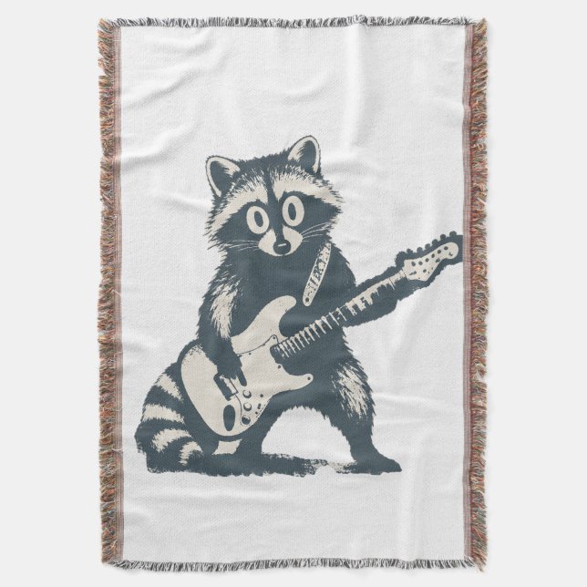 Funny Racoon Playing Electric Guitar Throw Blanket (Front Vertical)