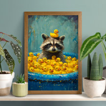 Funny Racoon Rubber Duck Pool Poster