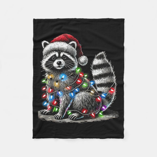 Funny Racoon Santa Hat Christmas Tree Lights Paja Fleece Blanket (Front)
