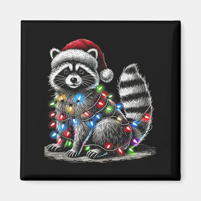 Funny Racoon Santa Hat Christmas Tree Lights Paja Magnet (Front)