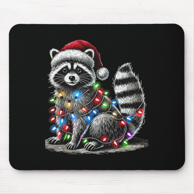 Funny Racoon Santa Hat Christmas Tree Lights Paja Mouse Pad (Front)