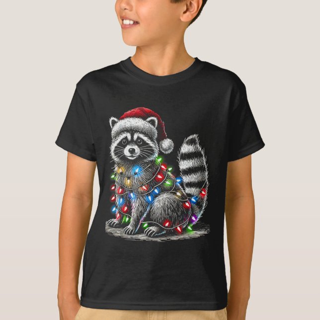 Funny Racoon Santa Hat Christmas Tree Lights Paja T-Shirt (Front)