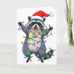 Funny Racoon Santa Hat Christmas Tree Lights Xmas  Card