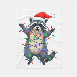 Funny Racoon Santa Hat Christmas Tree Lights Xmas Fleece Blanket