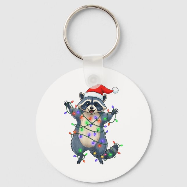Funny Racoon Santa Hat Christmas Tree Lights Xmas  Key Ring (Front)