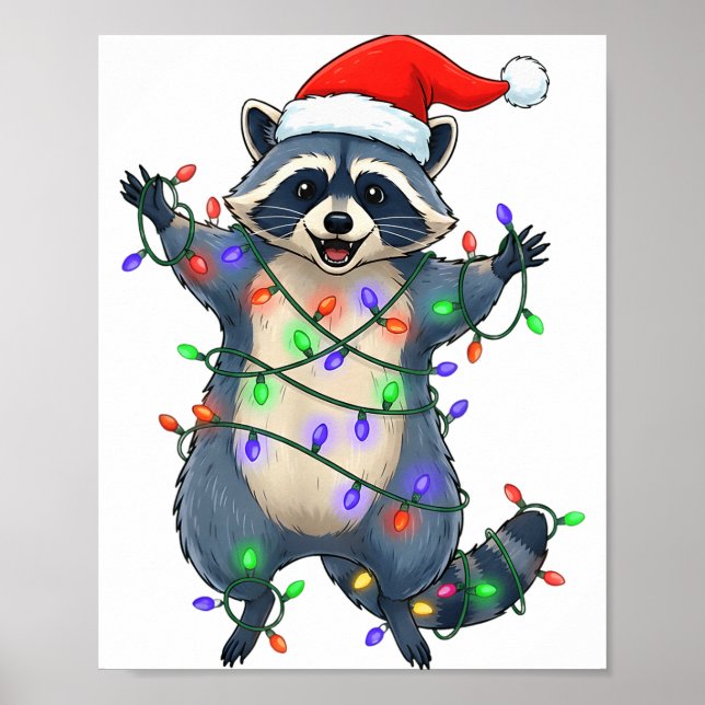 Funny Racoon Santa Hat Christmas Tree Lights Xmas  Poster (Front)