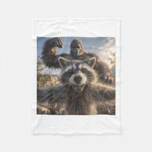 Funny Racoon Selfie with Bigfoot Funny Sasquatch Fleece Blanket