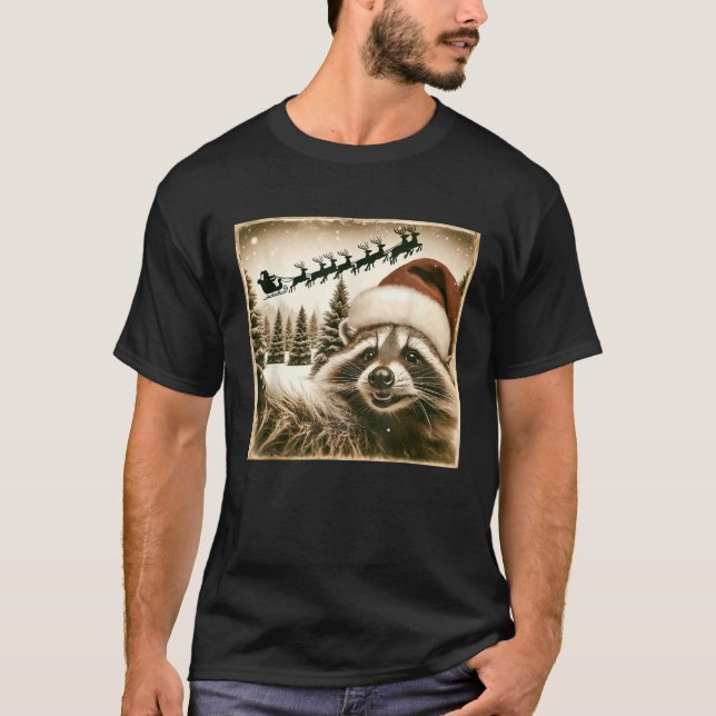 Funny Racoon Selfie With Santa s Sleigh Weird Chr T-Shirt (Front)