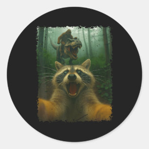 Funny Racoon Selfie With T-rex Dinosaur And Bigfo Classic Round Sticker