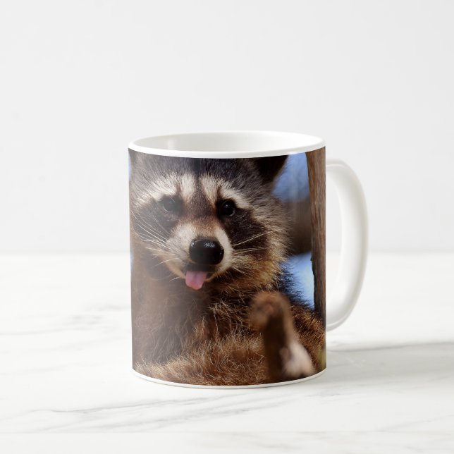 Funny Racoon Sticking It's Tongue Out Coffee Mug (Front Right)