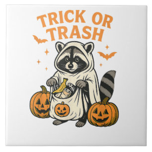 Funny Racoon Trick or Trash Halloween Ceramic Tile