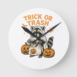 Funny Racoon Trick or Trash Halloween Round Clock