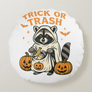Funny Racoon Trick or Trash Halloween Round Cushion