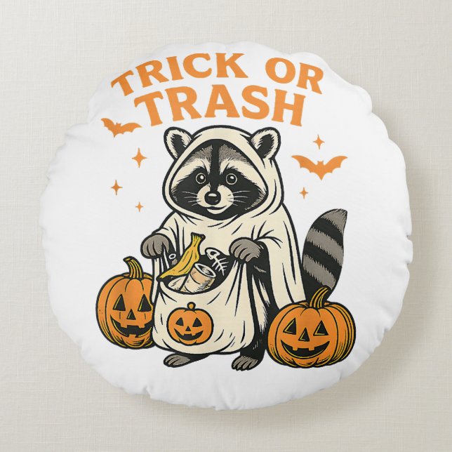 Funny Racoon Trick or Trash Halloween Round Cushion (Front)