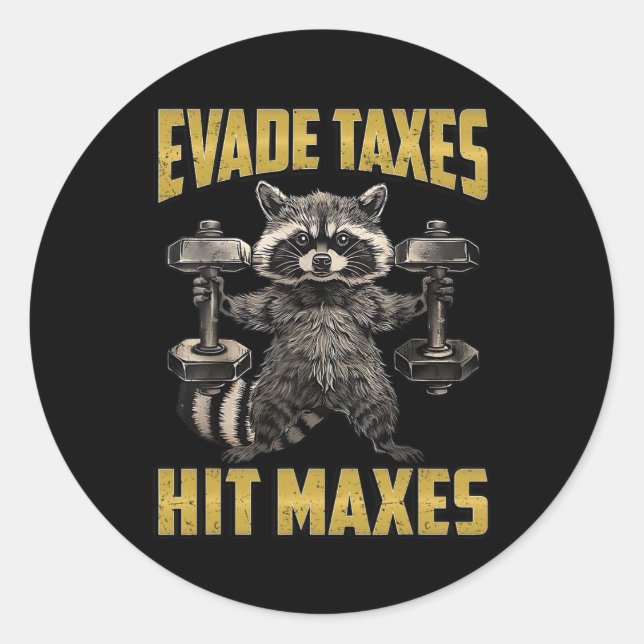 Funny Racoon Weight Lifting Gym Evade Taxes Hit M Classic Round Sticker (Front)
