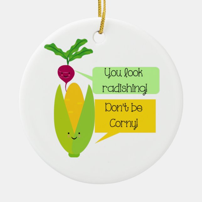 Funny Radish and Corn Vegetable Humour Ceramic Ornament (Front)