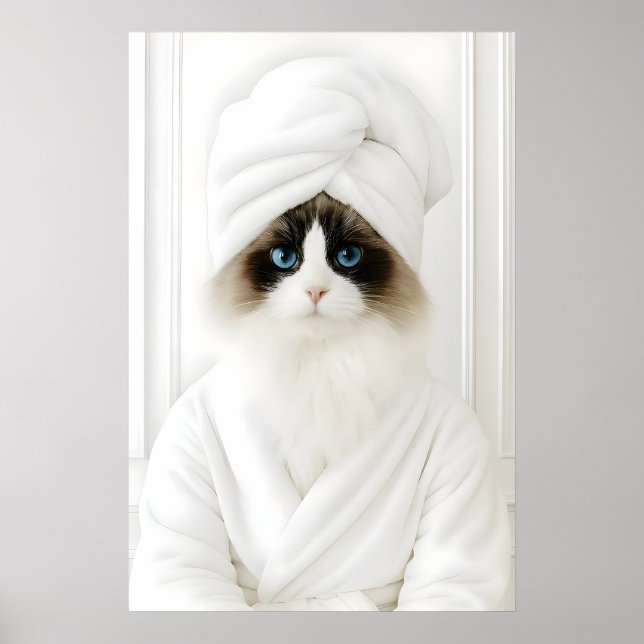 Funny Ragdoll Bathroom Print, Ragdoll In Bathrobe Poster (Front)