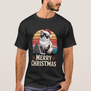 Funny Ragdoll Cat Santa Hat Christmas Lights Retro T-Shirt