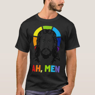 Funny Rainbow Jesus Gay Pride Month LGBTQ Ah Men  T-Shirt