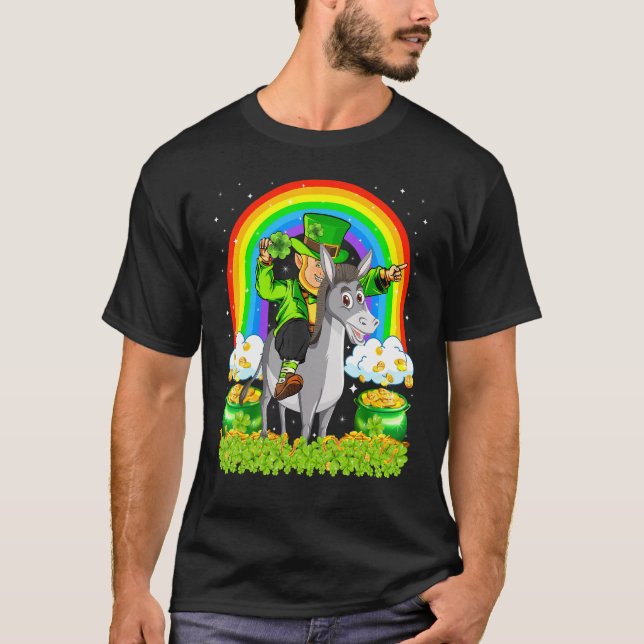 Funny Rainbow Leprechaun Riding Mule St Patrick's  T-Shirt (Front)