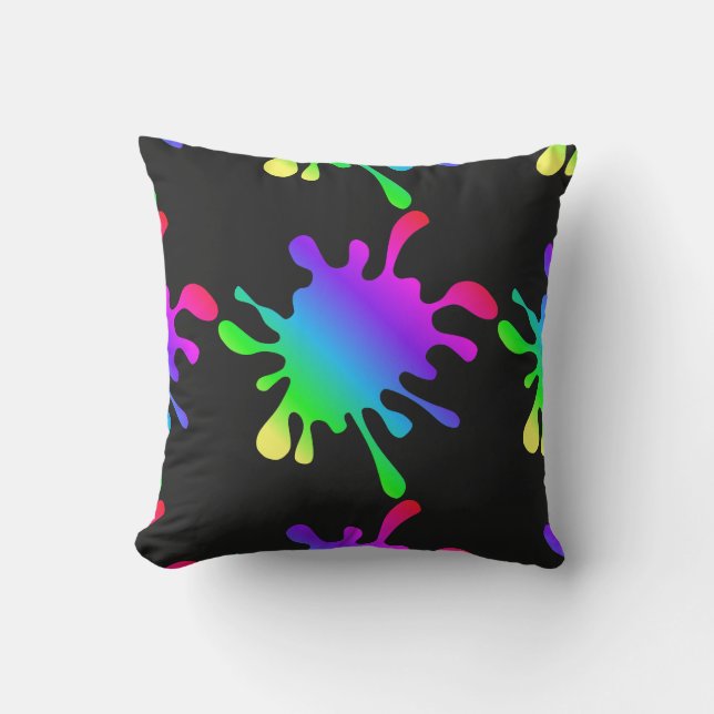 Funny Rainbow Paint Splatters Black Outdoor Pillow (Front)