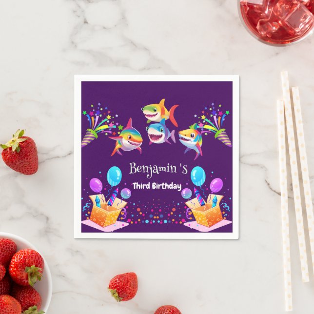 Funny rainbow shark birthday balloon party boys napkin (Insitu)