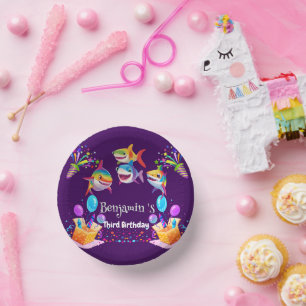 Funny rainbow shark birthday balloon party boys paper plate