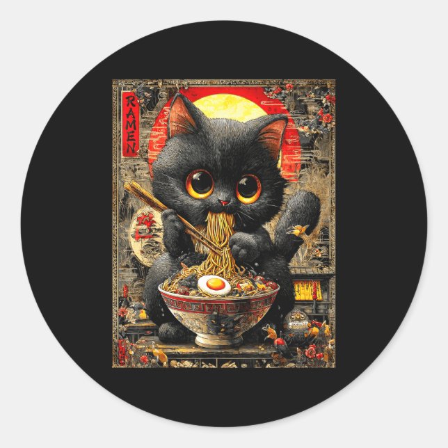 Funny Ramen Cat Noodle Lovers Anime Otaku  Classic Round Sticker (Front)
