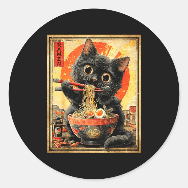 Funny Ramen Cat Noodle Lovers Anime Otaku  Classic Round Sticker (Front)