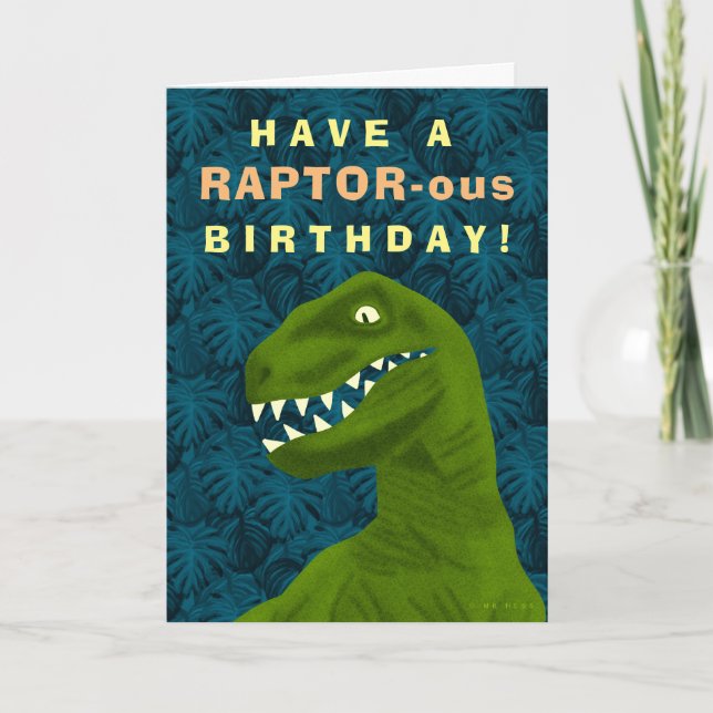 Funny Raptor Dinosaur Happy Birthday Pun Cool Holiday Card (Front)