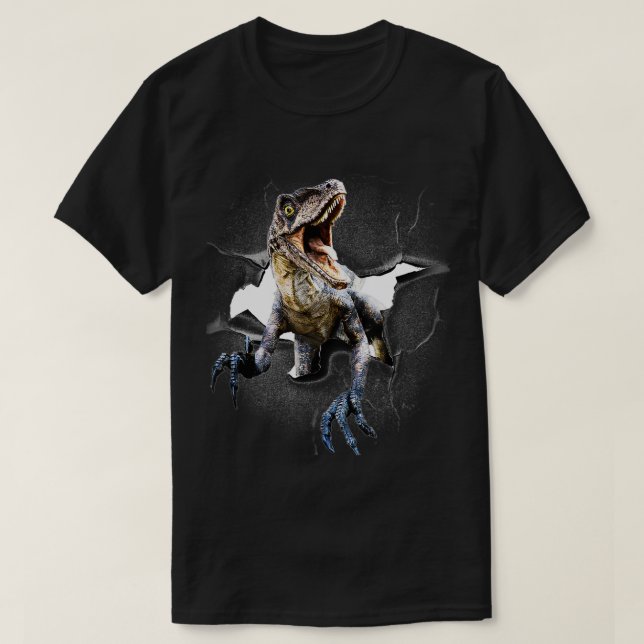 Funny Raptor Dinosaur Poking Head, Cracked Wall  T-Shirt (Design Front)