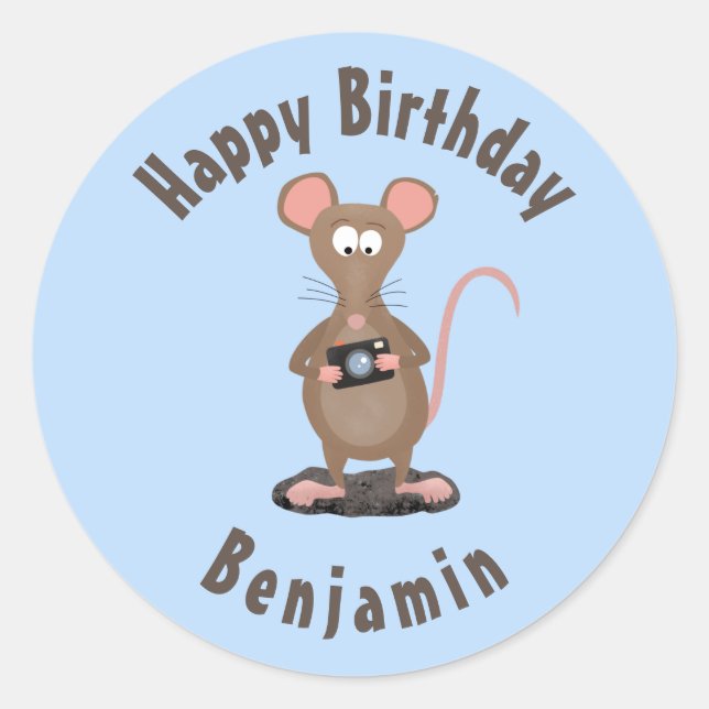 Funny rat and camera personalised birthday classic round sticker (Front)