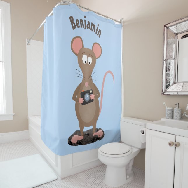 Funny rat with camera cartoon illustration shower curtain (In Situ)