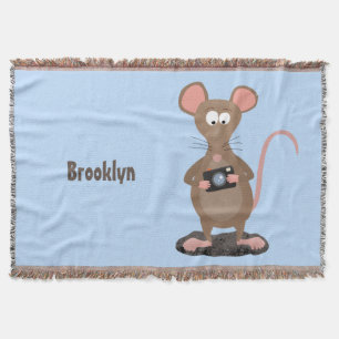 Funny rat with camera cartoon illustration throw blanket