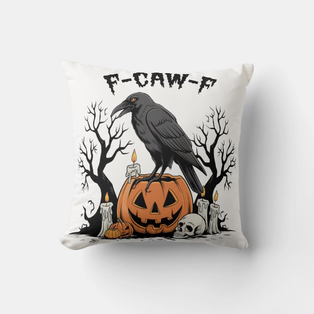 Funny Raven, F-Caw-F, Skull Raven, Gothic Crow Cushion (Front)