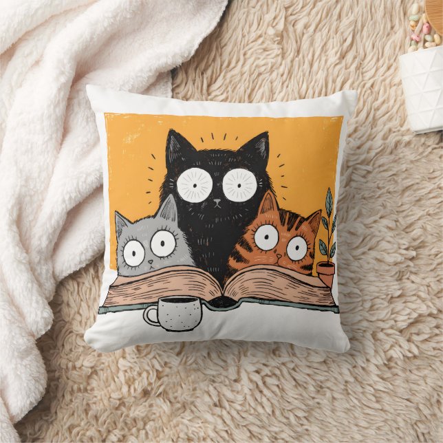 Funny Reading Cats Illustration Cushion (Blanket)