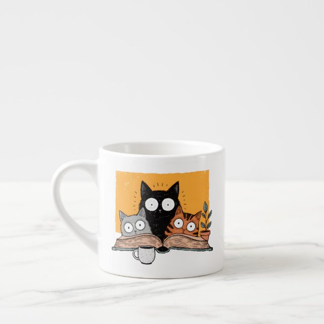 Funny Reading Cats Illustration Espresso Cup (Left)