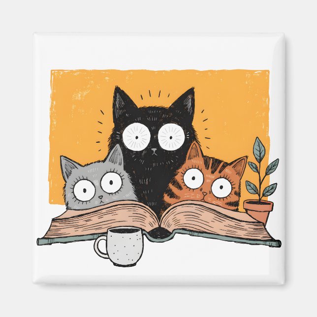 Funny Reading Cats Illustration Magnet (Front)