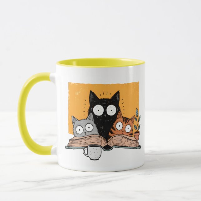 Funny Reading Cats Illustration Mug (Left)