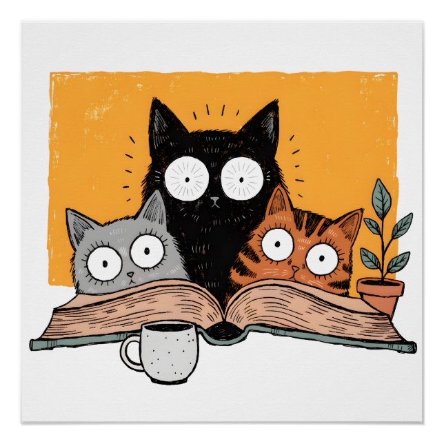 Funny Reading Cats Illustration Poster (Front)