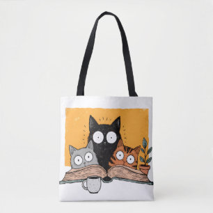 Funny Reading Cats Illustration Tote Bag